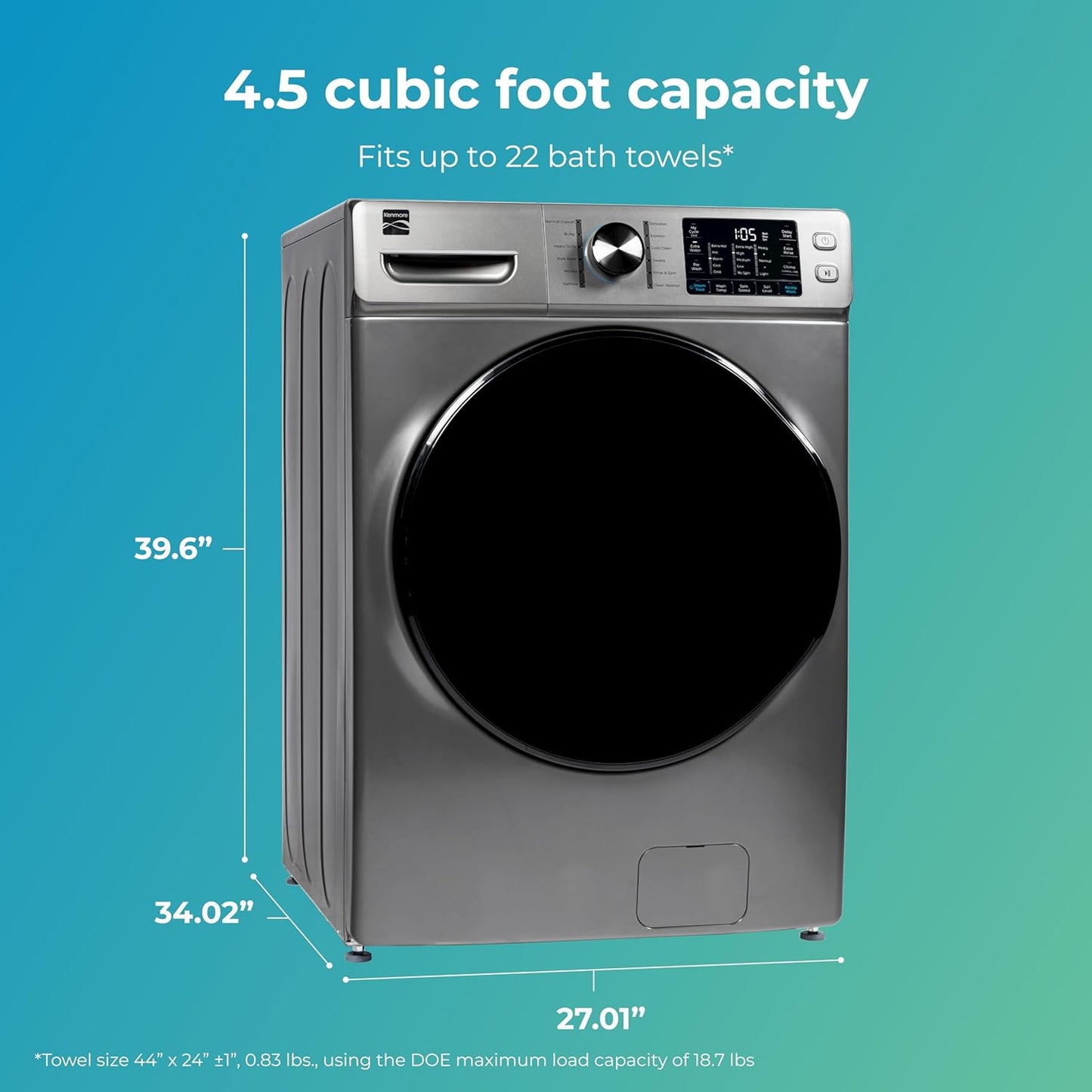 4.5 Cu. Ft. Front Load Washer with Stain Removing Steam Treatment - Sanitize Cycle - Reduce Laundry Time with Accela Wash - LED - ENERGY STAR Certified - Metallic Silver