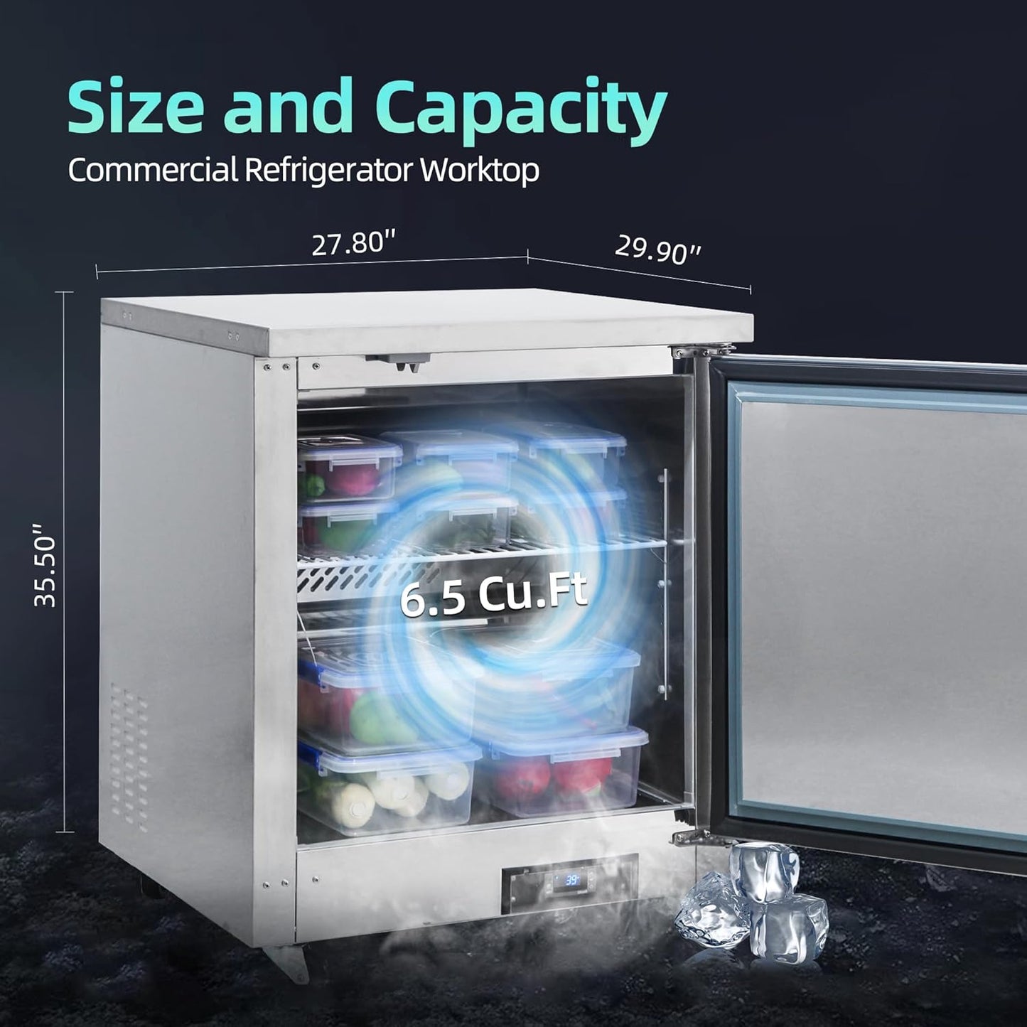 Commercial Freezer Worktop 28" W Single Door Undercounter Freezer, 6.5 Cu. Ft Reach-In Stainless Steel Internal Freezer Digital Temperature Control -10℉~10℉ for Restaurant, Storehouse, Diner