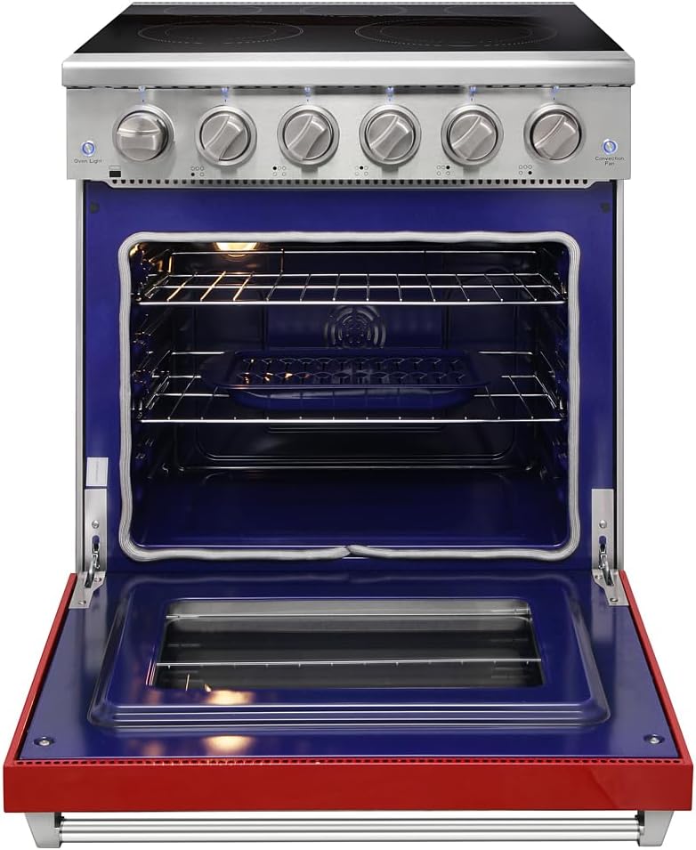 30 Inch Professional Electric Range with 5 Heating Elements Cooktop, 4.55 Cu. Ft. Convection Oven Capacity, Smooth Glass Top, in Stainless Steel, KOS-30RE06H (Red)