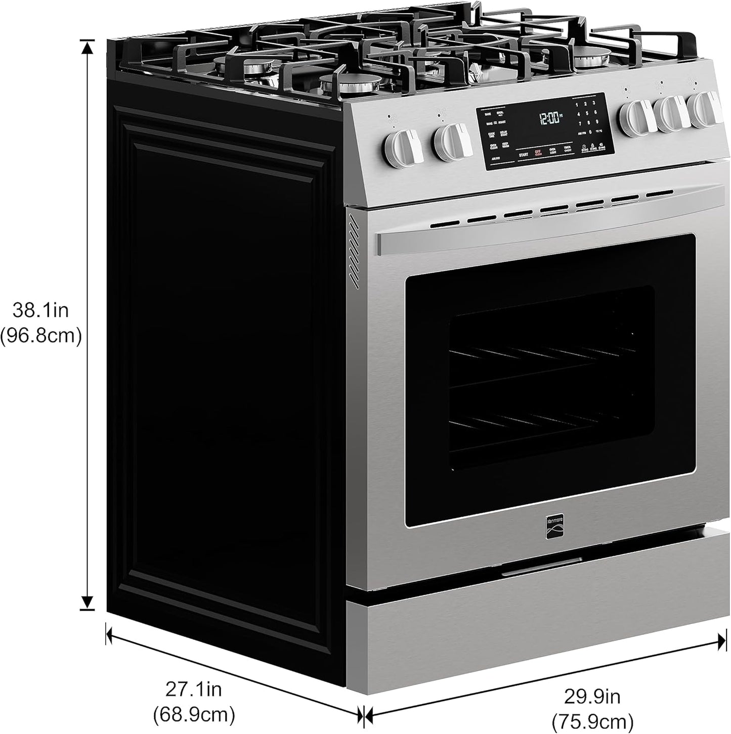 Front Control Gas Range Oven with 5 Cooktop Burners, True Convection, Steam and Self Clean, Freestanding Stainless Steel Stove and Oven, 4.8 Cu. Ft. Capacity