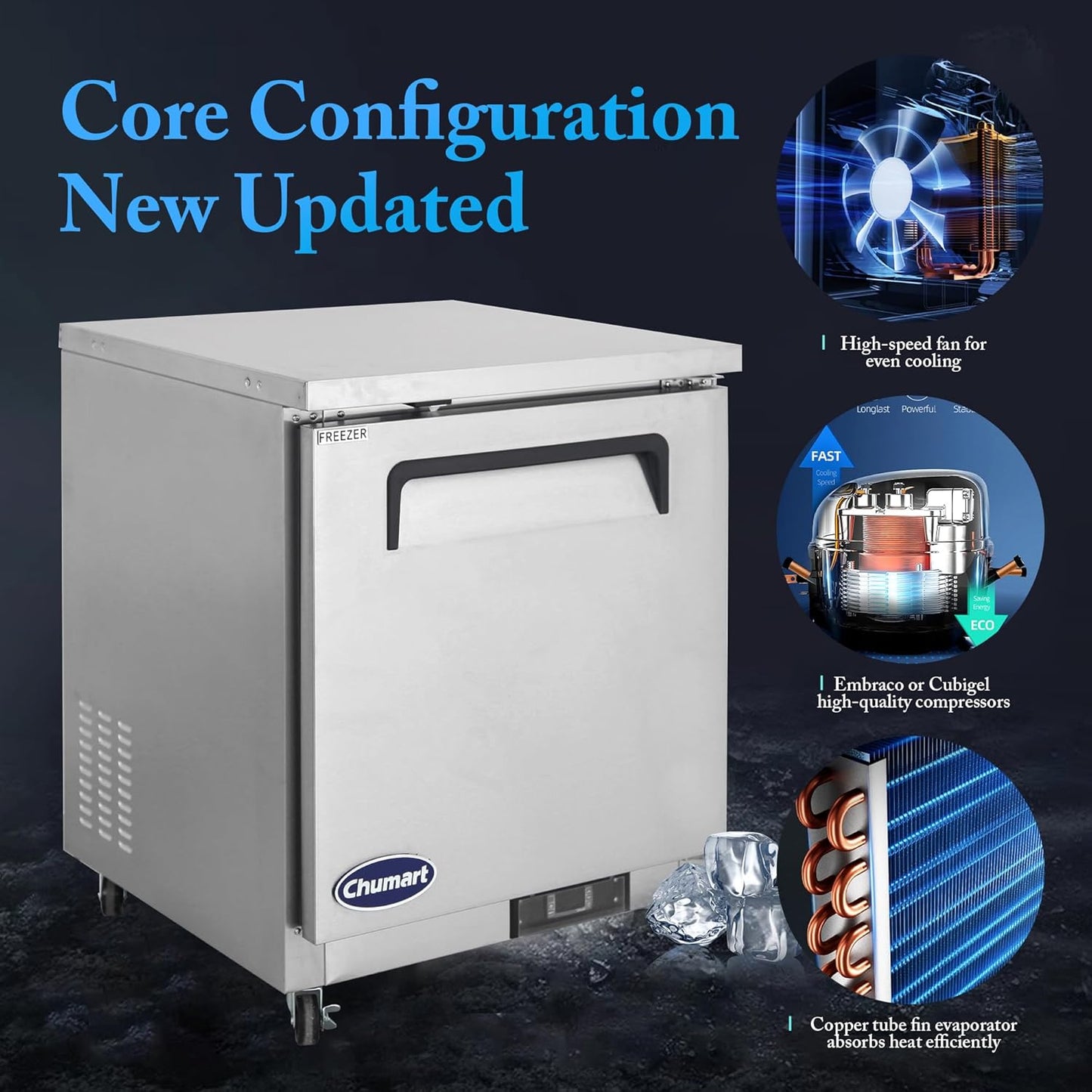 Commercial Freezer Worktop 28" W Single Door Undercounter Freezer, 6.5 Cu. Ft Reach-In Stainless Steel Internal Freezer Digital Temperature Control -10℉~10℉ for Restaurant, Storehouse, Diner