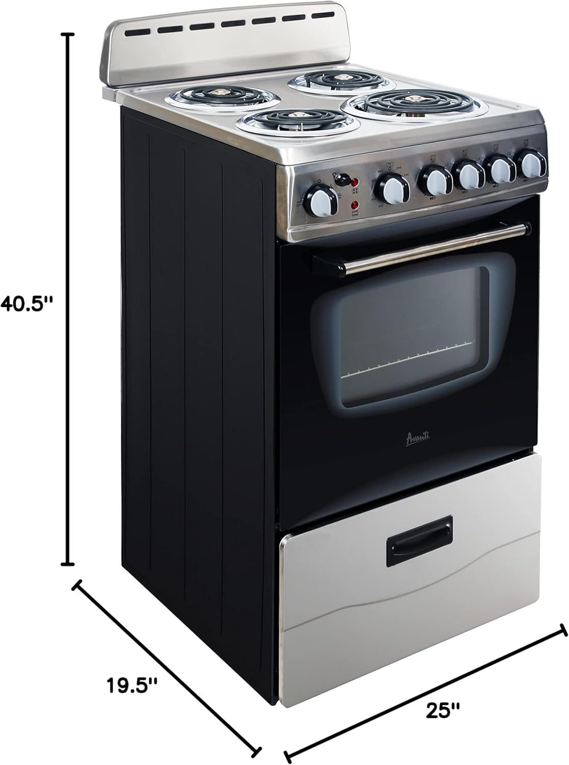 ERU200P3S Electric Range Oven Compact Design, 2.1-Cu.Ft. Capacity with 4 Coil Burners, Framed Glass Door, Storage Drawer and Broiler with Pan Perfect for Apartments, 20-Inch, Stainless Steel