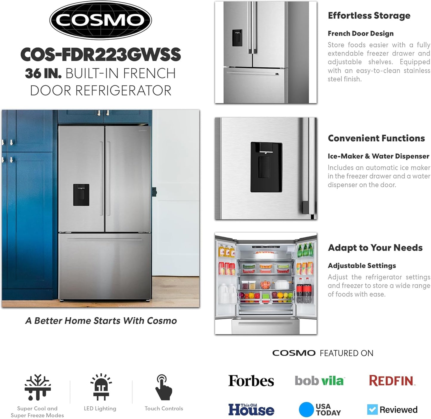 36 In. 3 French Door Refrigerator with Water Dispenser and Automatic Ice Maker in Stainless Steel, Counter Depth