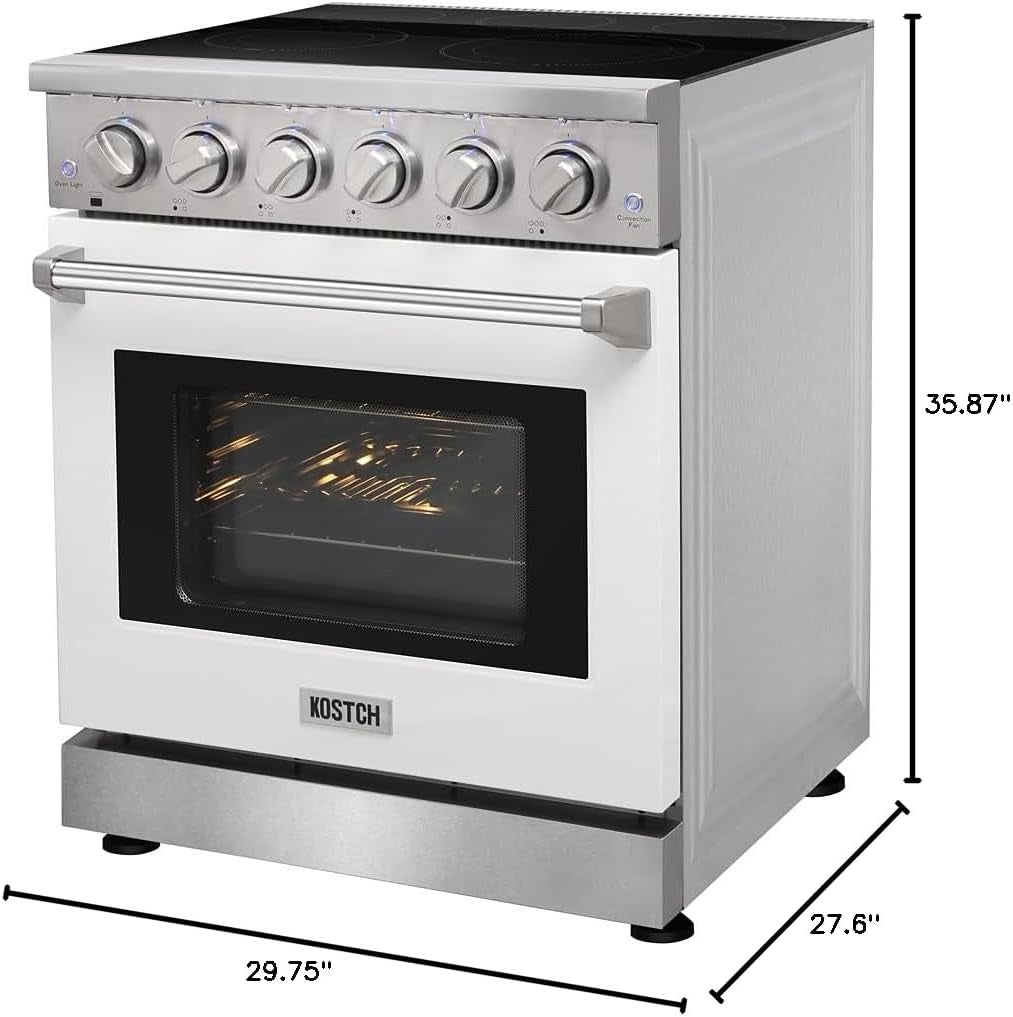 30 Inch Professional Electric Range with 5 Heating Elements Cooktop, 4.55 Cu. Ft. Convection Oven Capacity, Smooth Glass Top, in Stainless Steel, KOS-30RE06H (White)