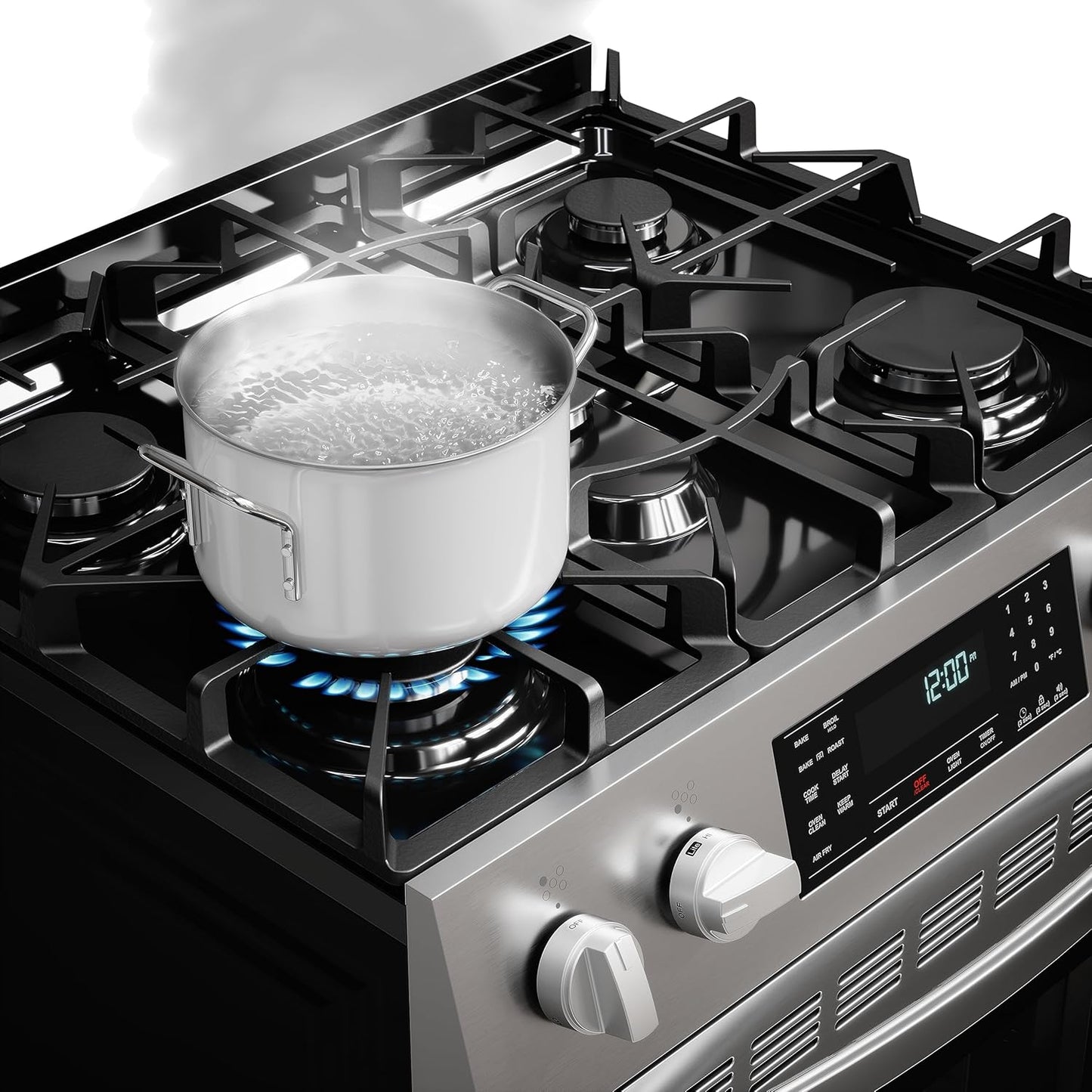 Front Control Gas Range Oven with 5 Cooktop Burners, True Convection, Steam and Self Clean, Freestanding Stainless Steel Stove and Oven, 4.8 Cu. Ft. Capacity