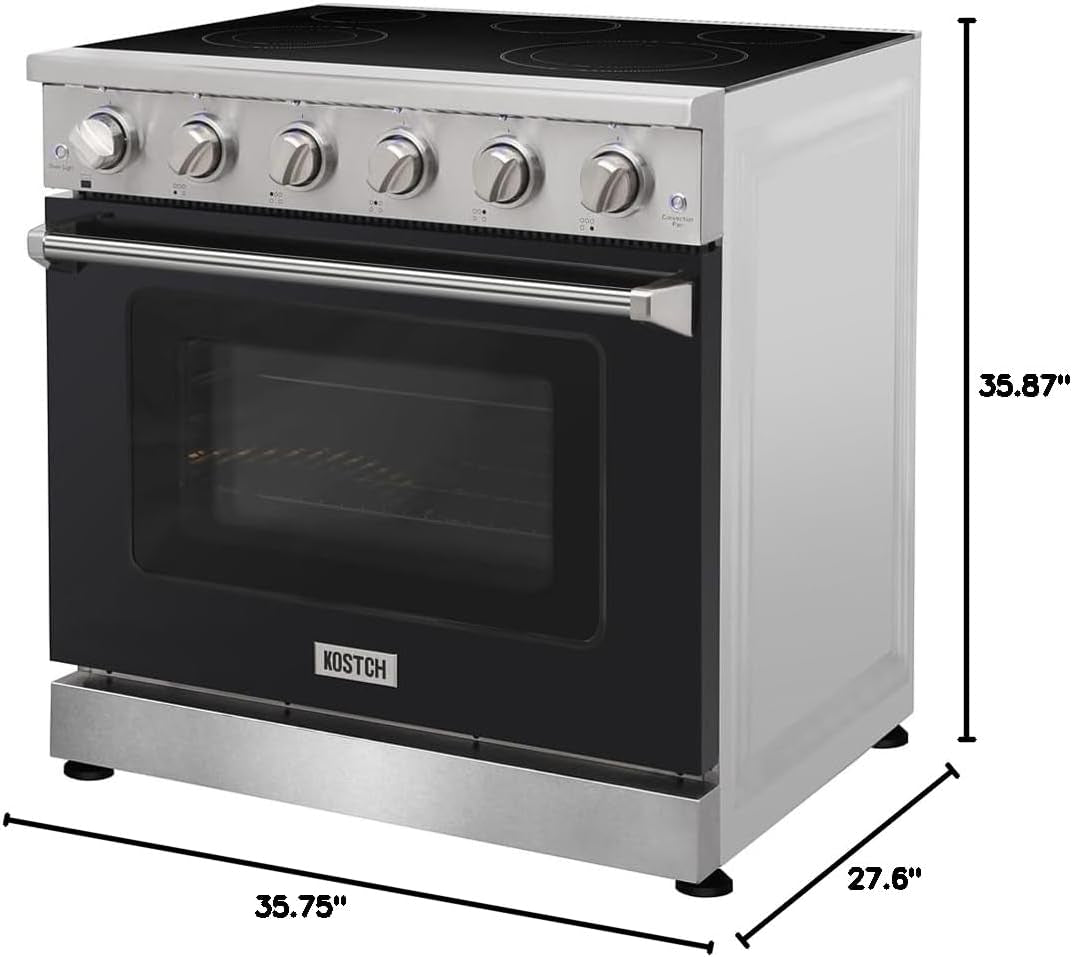 36 Inch Professional Electric Range with 5 Heating Elements Cooktop, 6.0 Cu. Ft. Convection Oven Capacity, Smooth Glass Top, in Stainless Steel, KOS-36RE06H (Black)