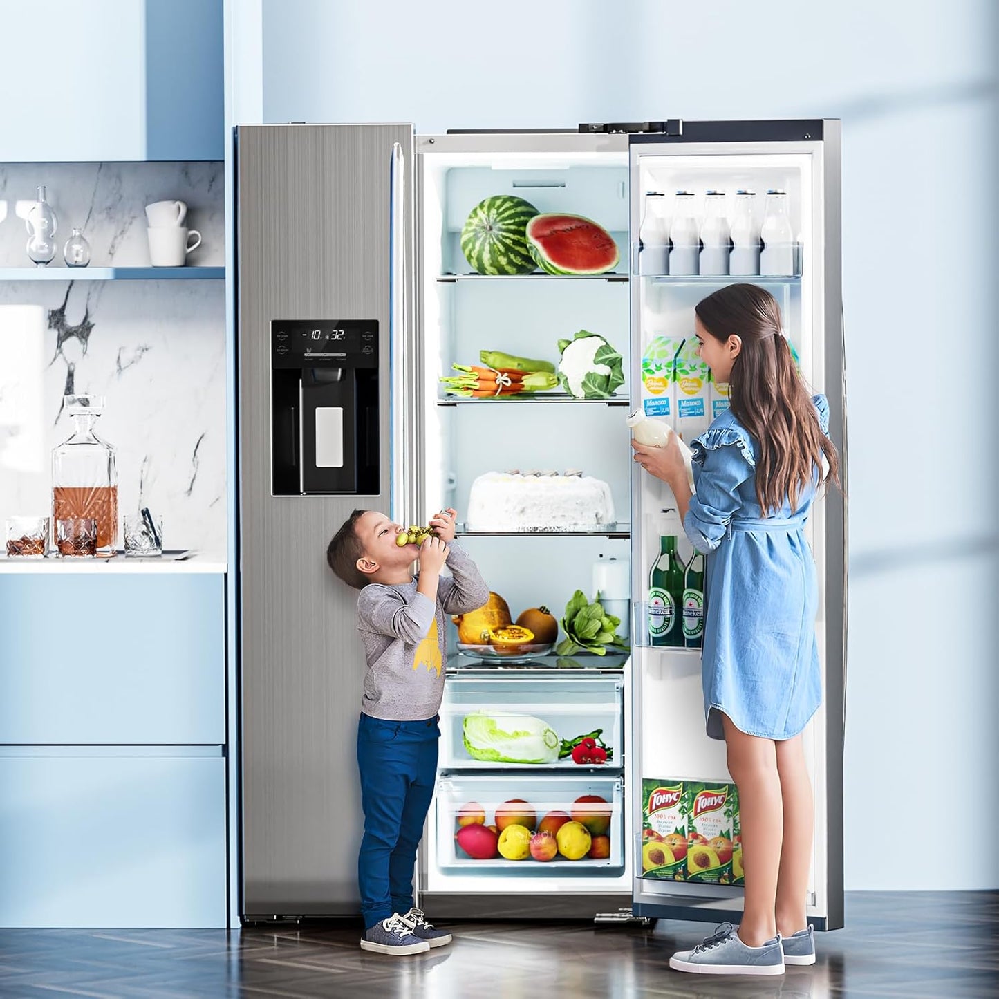 French Door Refrigerator with Side Freezer, Water Dispenser, Nugget and Cube Ice Maker, Adjustable Thermostat, 20 Cu Ft, Stainless Steel Finish