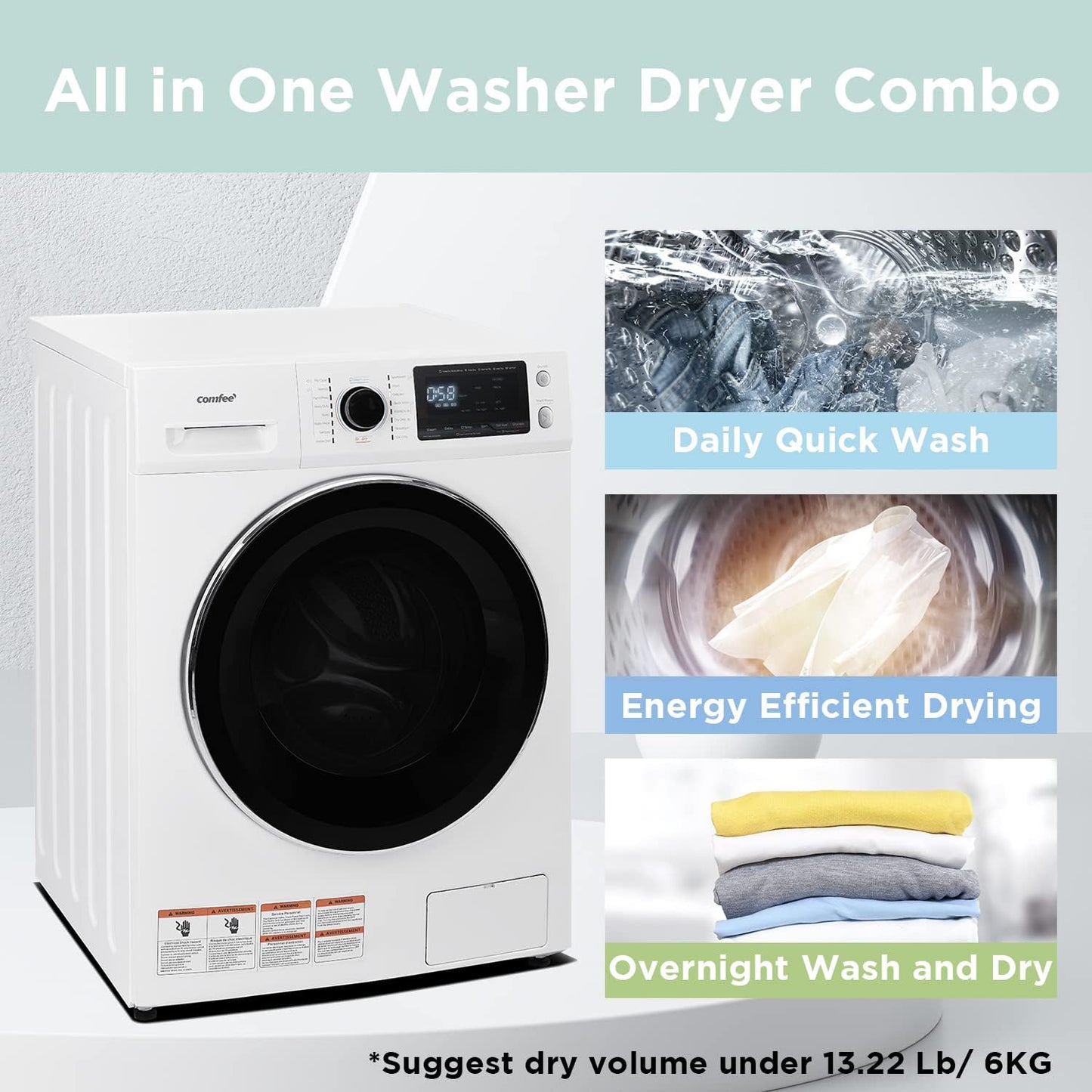 COMFEE’ 24" Washer and Dryer Combo 2.7 Cu.Ft 26Lbs Washing Machine Steam Care, Overnight Dry, No Shaking Front Load Full-Automatic Machine, Dorm White