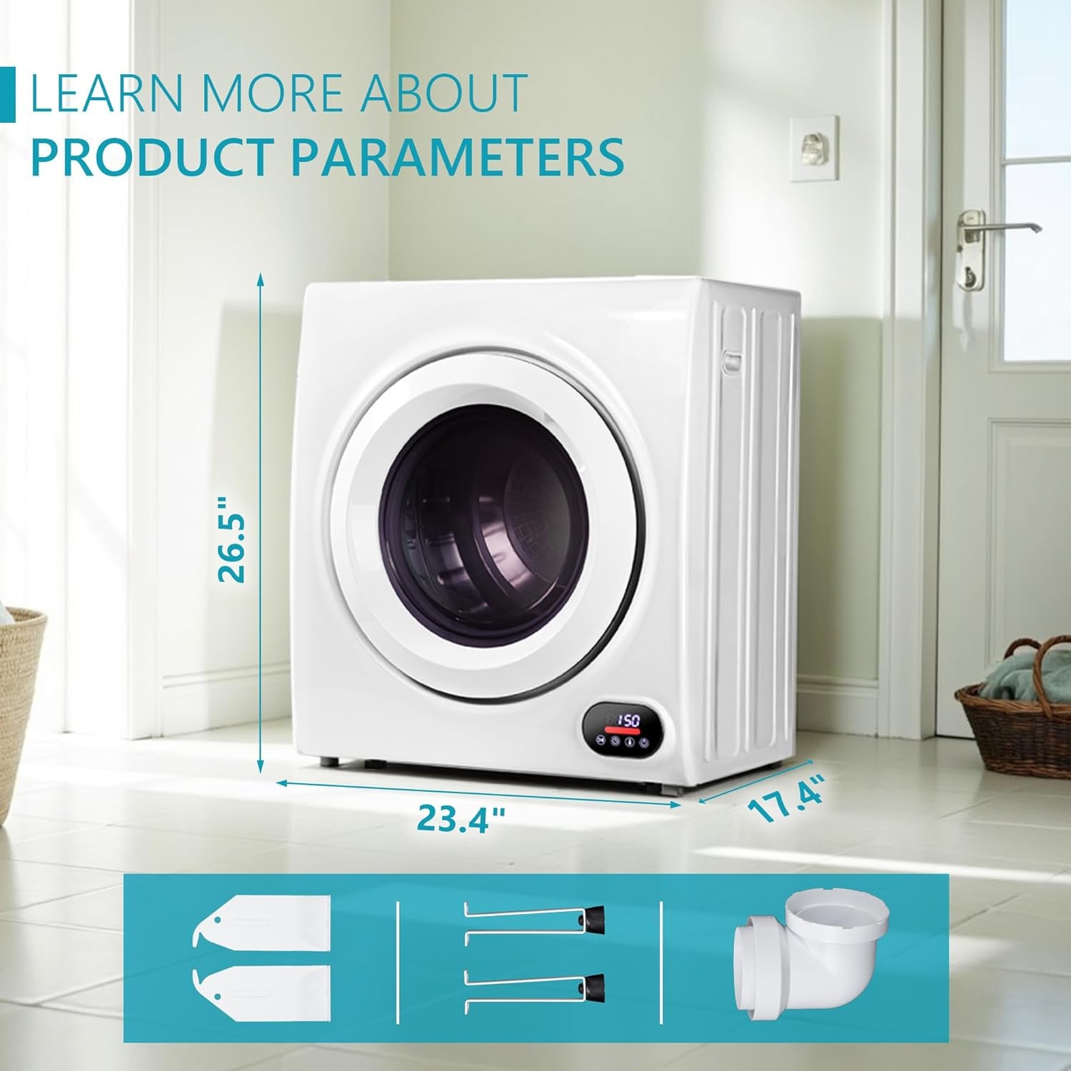 Compact Laundry Dryer, 3.5 Cu Ft Front Load Stainless Steel Clothes Dryers with Exhaust Pipe, 1500W, LCD Control Panel Four-Function Portable Dryer for Apartments, Home, Dorm, White