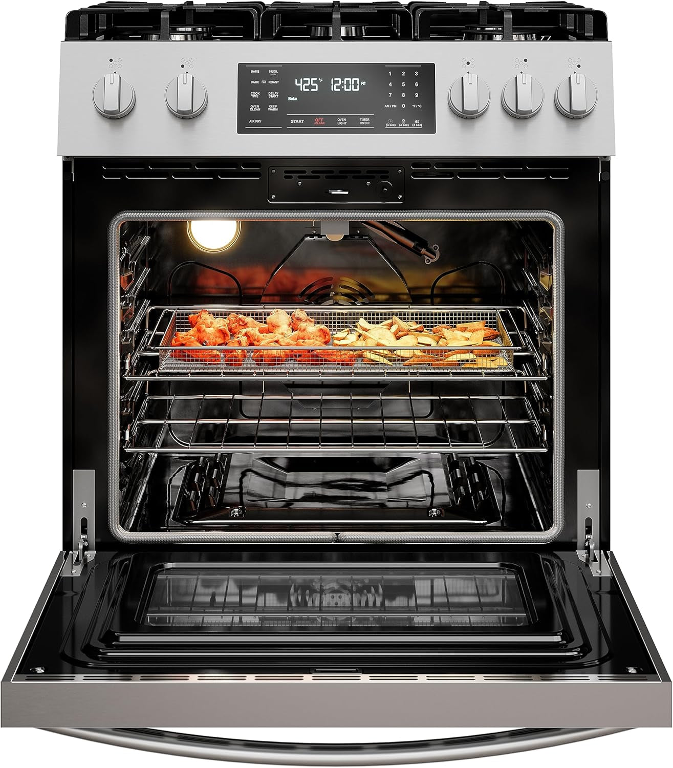 Front Control Gas Range Oven with 5 Cooktop Burners, True Convection, Steam and Self Clean, Freestanding Stainless Steel Stove and Oven, 4.8 Cu. Ft. Capacity