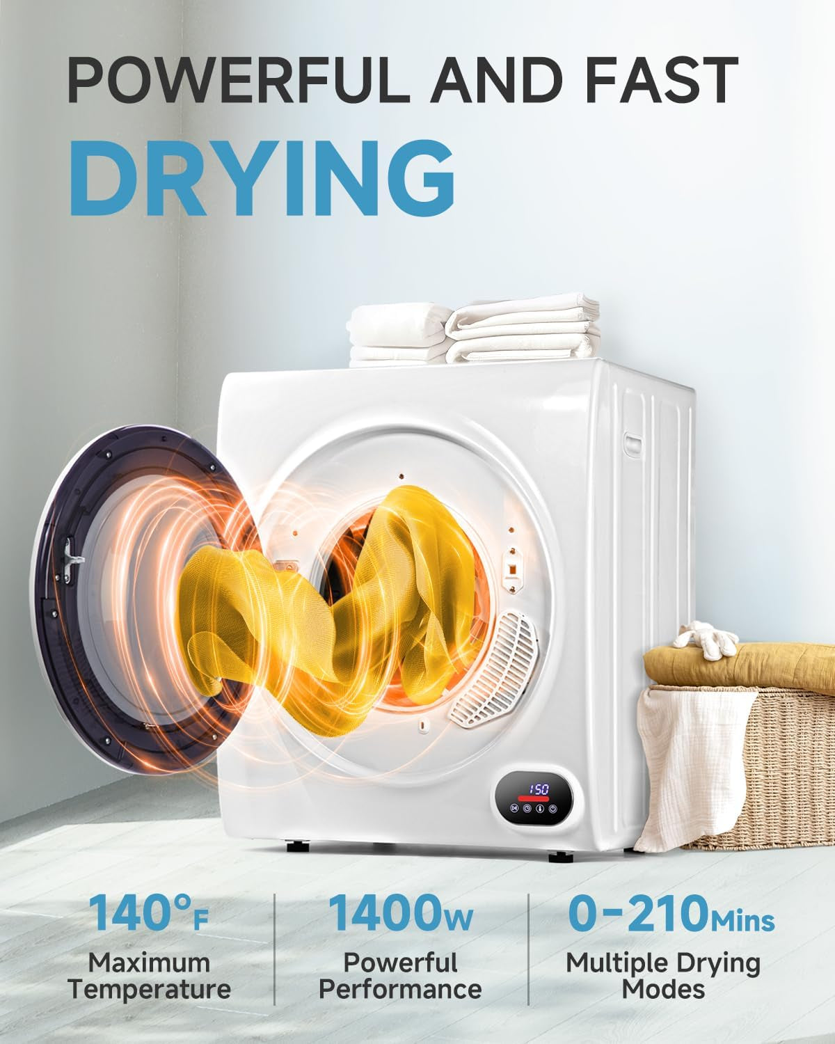 3.5 Cu.Ft Portable Clothes Dryer - 1500W Clothes Dryer with Stainless Steel Tub, Front Load Tumble, LCD Touch Panel - Compact Drying Unit for Laundry, Apartments, Dorms