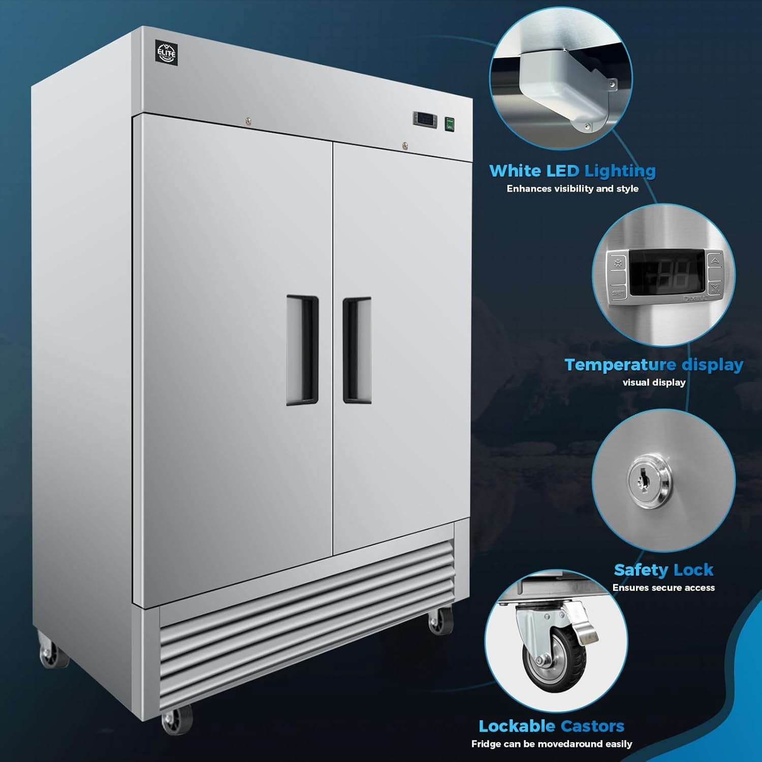 Commercial Upright Reach-In Refrigerator, ETL Restaurant 2 Door Fridge Cooler Merchandiser, Auto-Defrost, Stainless Steel 55" W 40.7 Cu. Ft. 13781