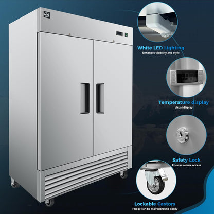 Commercial Upright Reach-In Refrigerator, ETL Restaurant 2 Door Fridge Cooler Merchandiser, Auto-Defrost, Stainless Steel 55" W 40.7 Cu. Ft. 13781