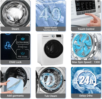 Front Load Washing Machine 4.5 Cu. Ft Washer Machine 27IN Large Capacity 12 Washing Cycles Super Speed Clothes Washing Lavadora for Apartment RV, Steam Refresh