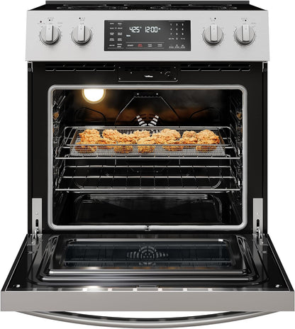 Front Control Electric Range Oven with 5 Cooktop Elements with 7 Cooking Power Options, True Convection, Steam and Self Clean, Freestanding Oven, 4.8 Cu. Ft. Capacity Stainless Steel