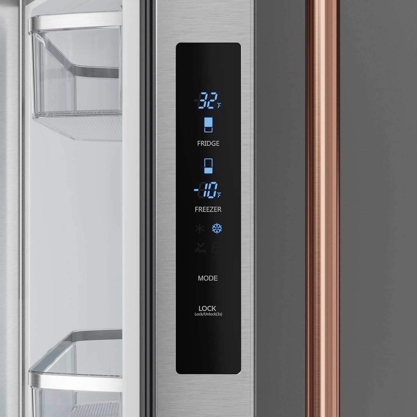 Gordon Ramsay 30 Inch 17.7 Cu Ft French Door Counter Depth Refrigerator with Ice Maker in Stainless Steel/Rose Gold