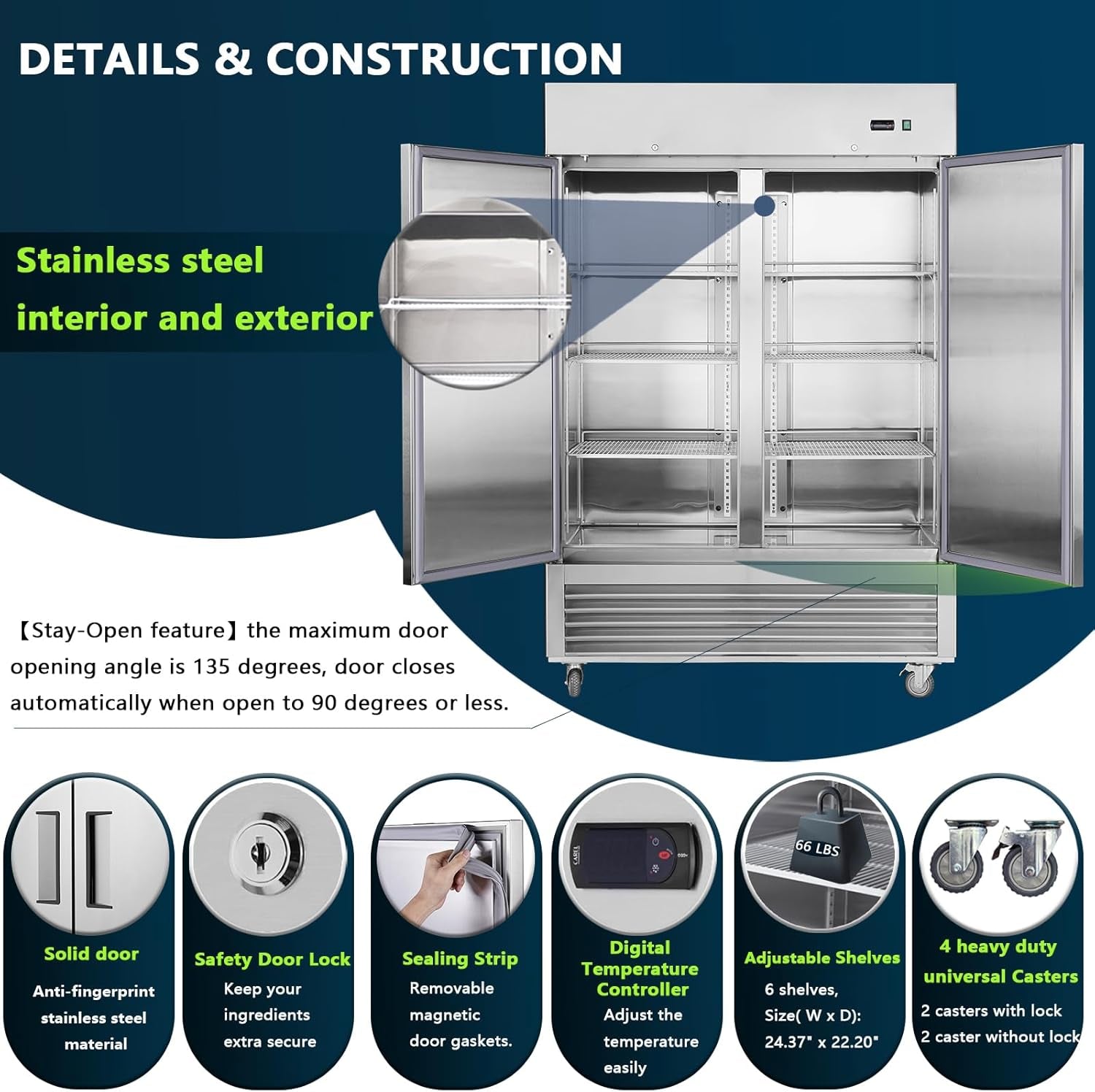 54" W 2 Door Commercial Refrigerator, Reach-In Refrigerator Stainless Steel Fridge for Restaurant Kitchen Bakery Garage, 42.2 Cu. Ft Refrigerators for Bar Shop School Church