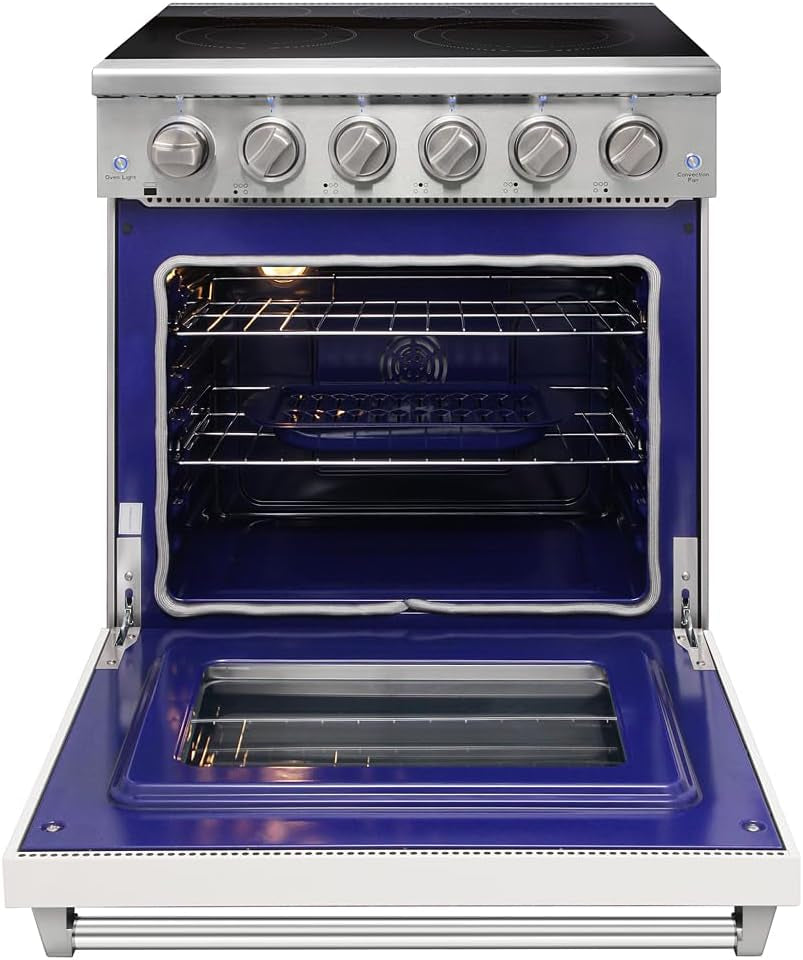 30 Inch Professional Electric Range with 5 Heating Elements Cooktop, 4.55 Cu. Ft. Convection Oven Capacity, Smooth Glass Top, in Stainless Steel, KOS-30RE06H (White)