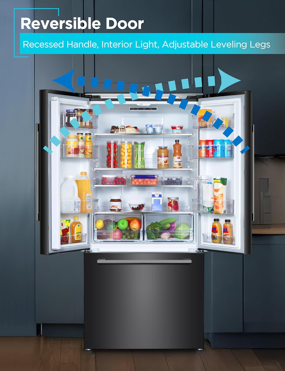 18 Cu. Ft. French Door Refrigerator with Built-In Ice Maker, Full Size Refrigerator with Bottom Mount Freezer Drawer, Frost Free, ENERGY STAR Certified, BRF1800GIMB, Black