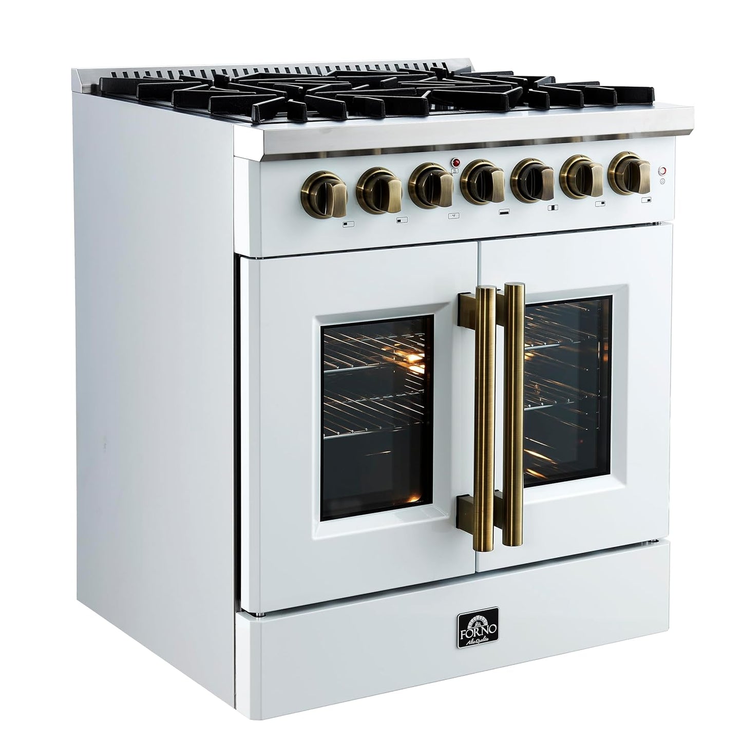 Galiano 30" French Door Dual Fuel Range, White & Antique Brass, 4.32 Cu.Ft. True Convection Oven