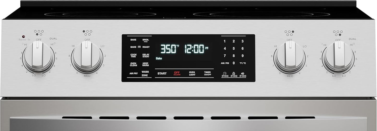 Front Control Electric Range Oven with 5 Cooktop Elements with 7 Cooking Power Options, True Convection, Steam and Self Clean, Freestanding Oven, 4.8 Cu. Ft. Capacity Stainless Steel