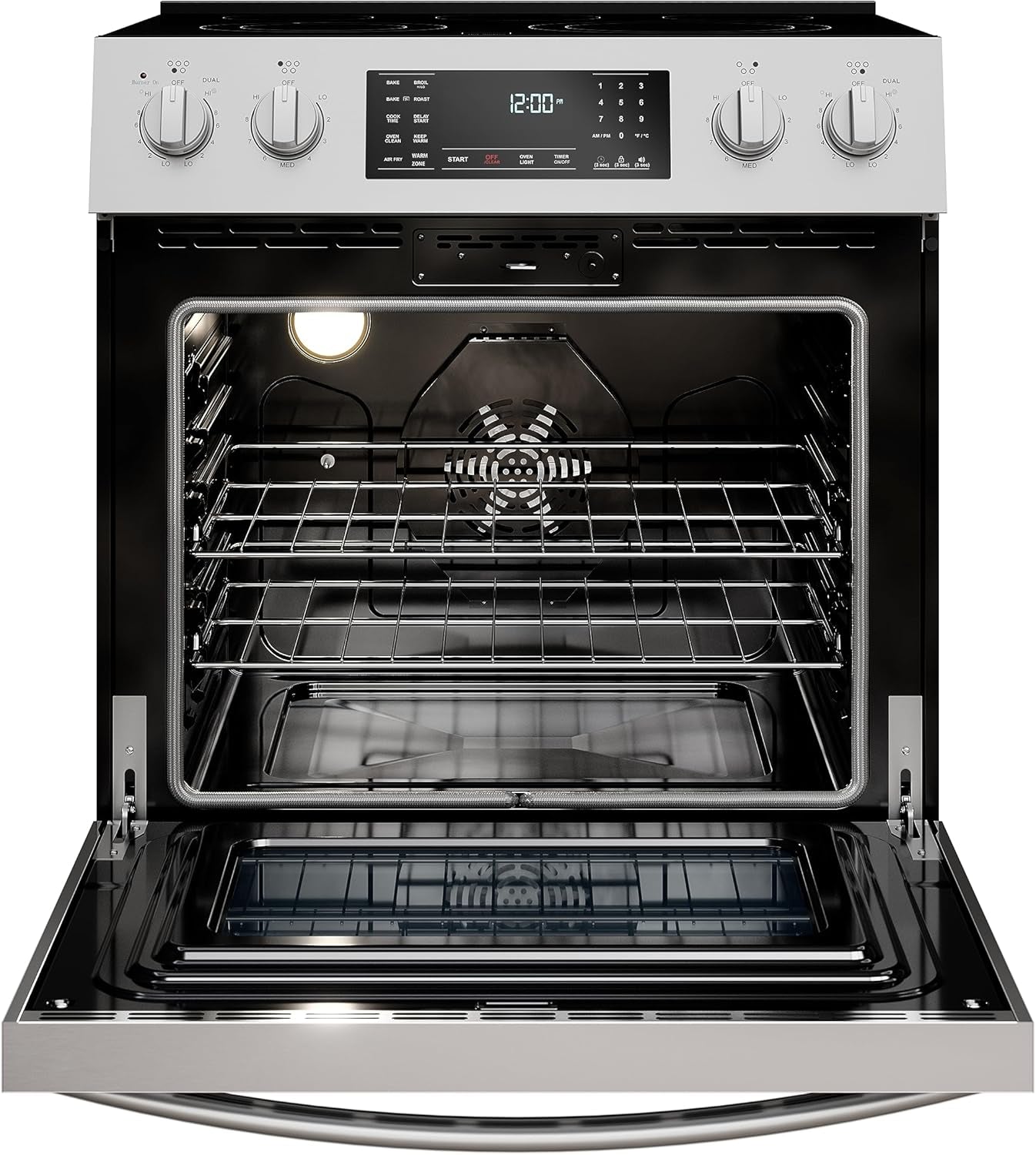 Front Control Electric Range Oven with 5 Cooktop Elements with 7 Cooking Power Options, True Convection, Steam and Self Clean, Freestanding Oven, 4.8 Cu. Ft. Capacity Stainless Steel