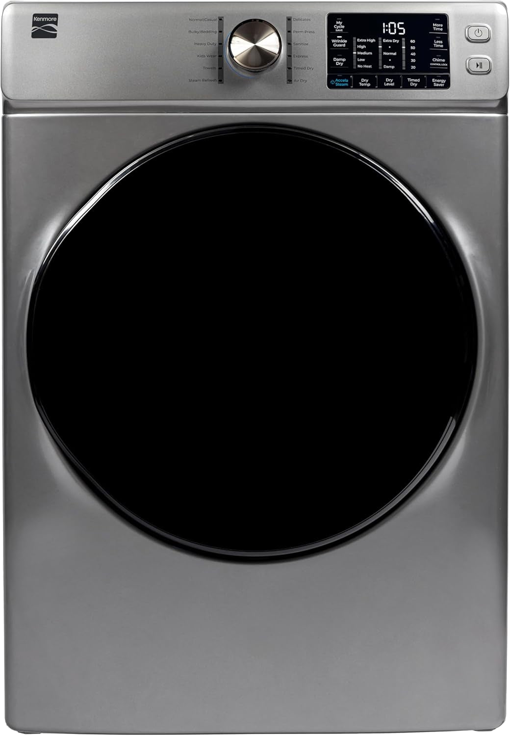 2682273 Front Load Electric Dryer with Steam, Wrinkle Guard, Energy Saver, Smart Sensor Drying System, 8.0 Cu. Ft. Total Capacity, Metallic Silver