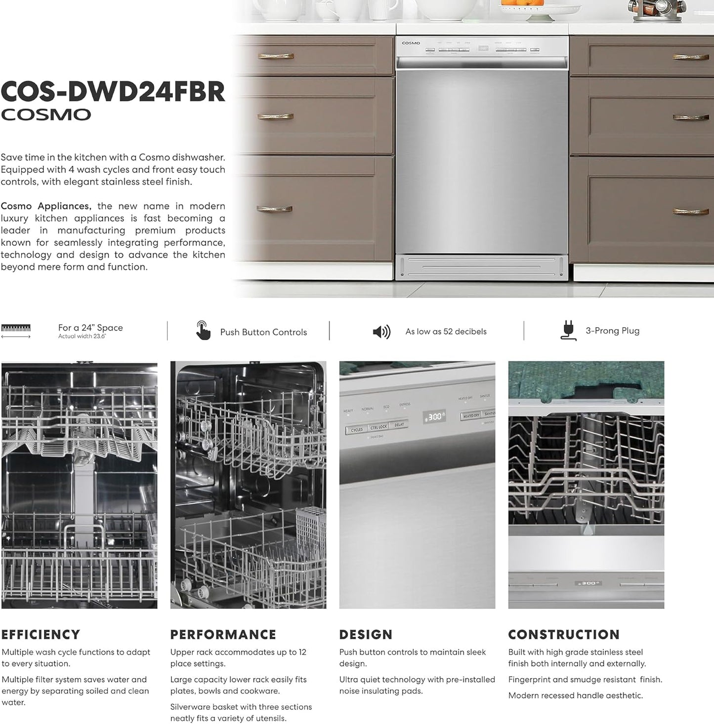 COS-DWD24FBR 24 In. Front Control Built-In Tall Tub Dishwasher in Fingerprint Resistant Stainless Steel