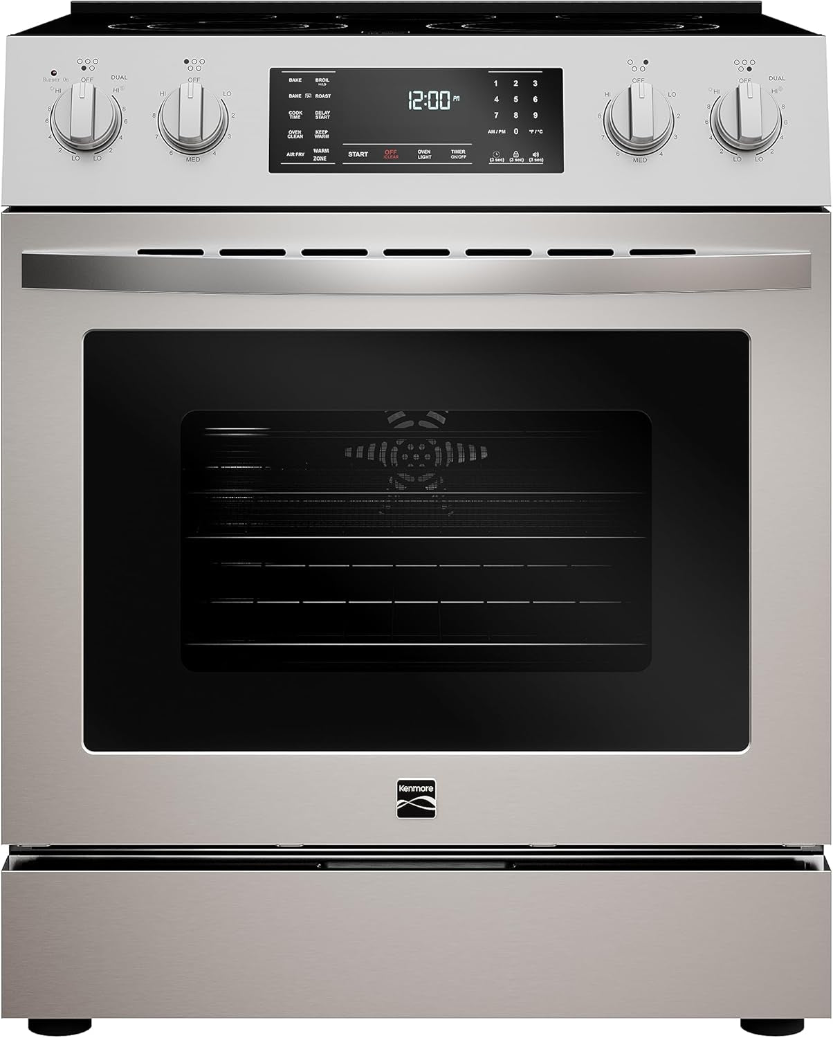 Front Control Electric Range Oven with 5 Cooktop Elements with 7 Cooking Power Options, True Convection, Steam and Self Clean, Freestanding Oven, 4.8 Cu. Ft. Capacity Stainless Steel