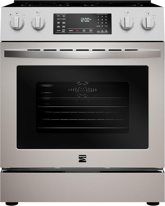Front Control Electric Range Oven with 5 Cooktop Elements with 7 Cooking Power Options, True Convection, Steam and Self Clean, Freestanding Oven, 4.8 Cu. Ft. Capacity Stainless Steel