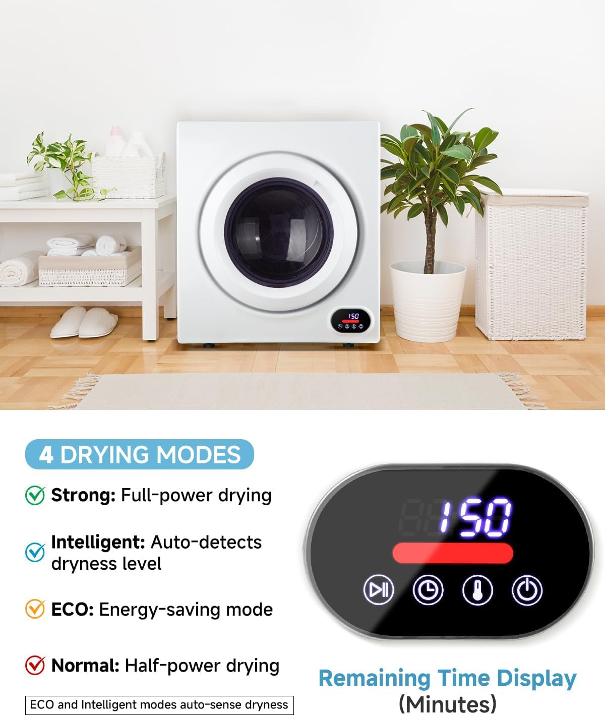 3.5 Cu.Ft Portable Clothes Dryer - 1500W Clothes Dryer with Stainless Steel Tub, Front Load Tumble, LCD Touch Panel - Compact Drying Unit for Laundry, Apartments, Dorms