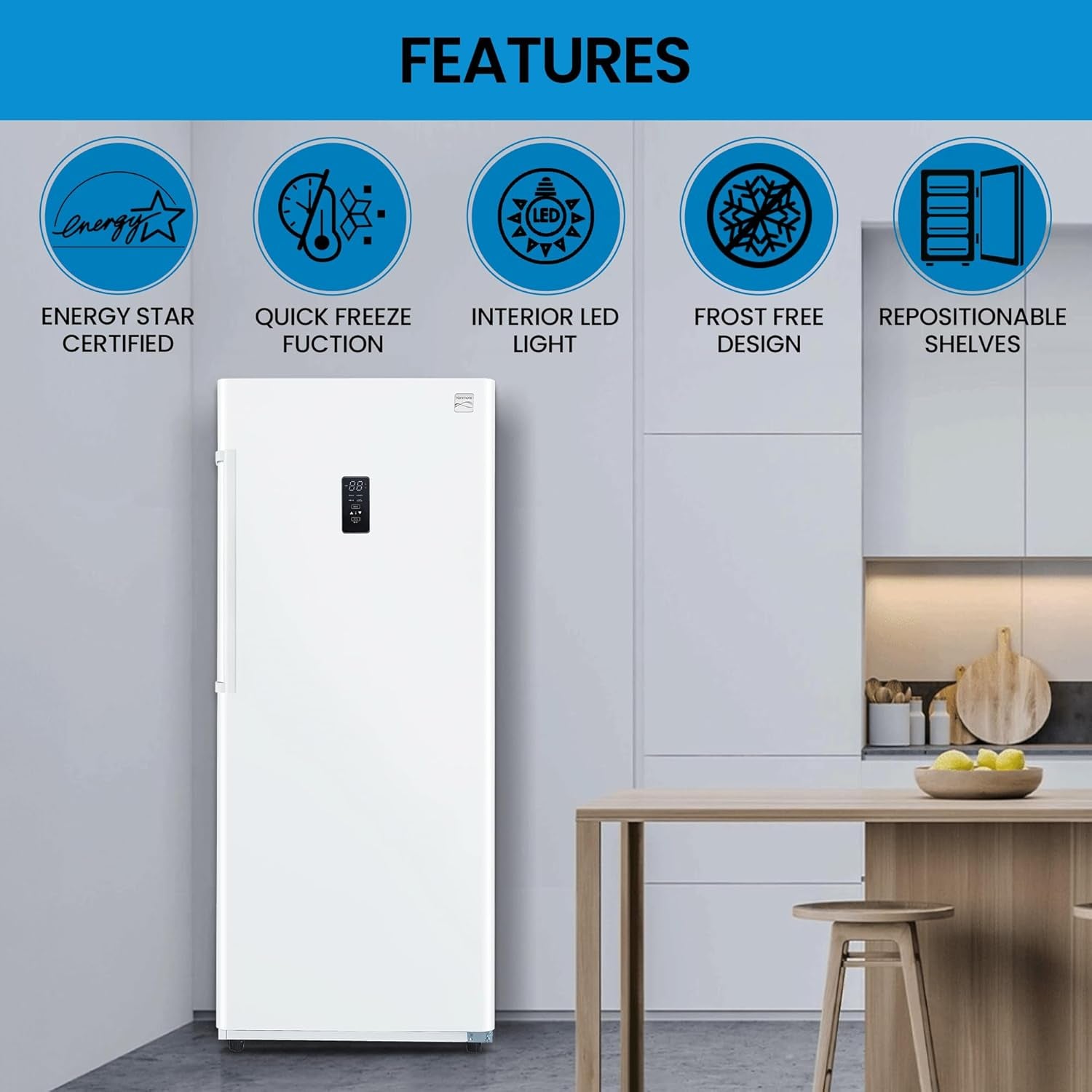 Kenmore Upright Freezer - Convertible Refrigerator/Freezer, 4 Shelves, Garage Ready, Meat Storage, Auto Defrost, Congelador for Home, Apartment, Basement, Dorm, 17.0 Cubic Feet Capacity, White