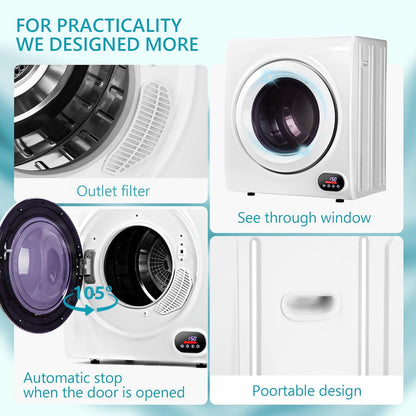 Compact Laundry Dryer, 3.5 Cu Ft Front Load Stainless Steel Clothes Dryers with Exhaust Pipe, 1500W, LCD Control Panel Four-Function Portable Dryer for Apartments, Home, Dorm, White