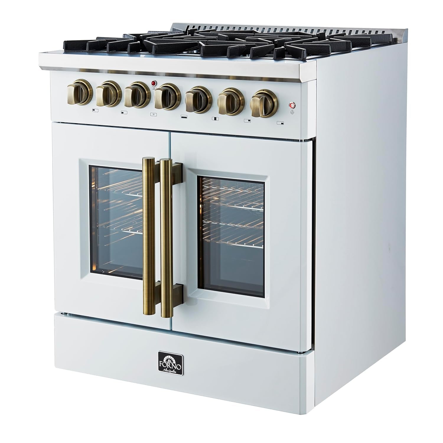 Galiano 30" French Door Dual Fuel Range, White & Antique Brass, 4.32 Cu.Ft. True Convection Oven