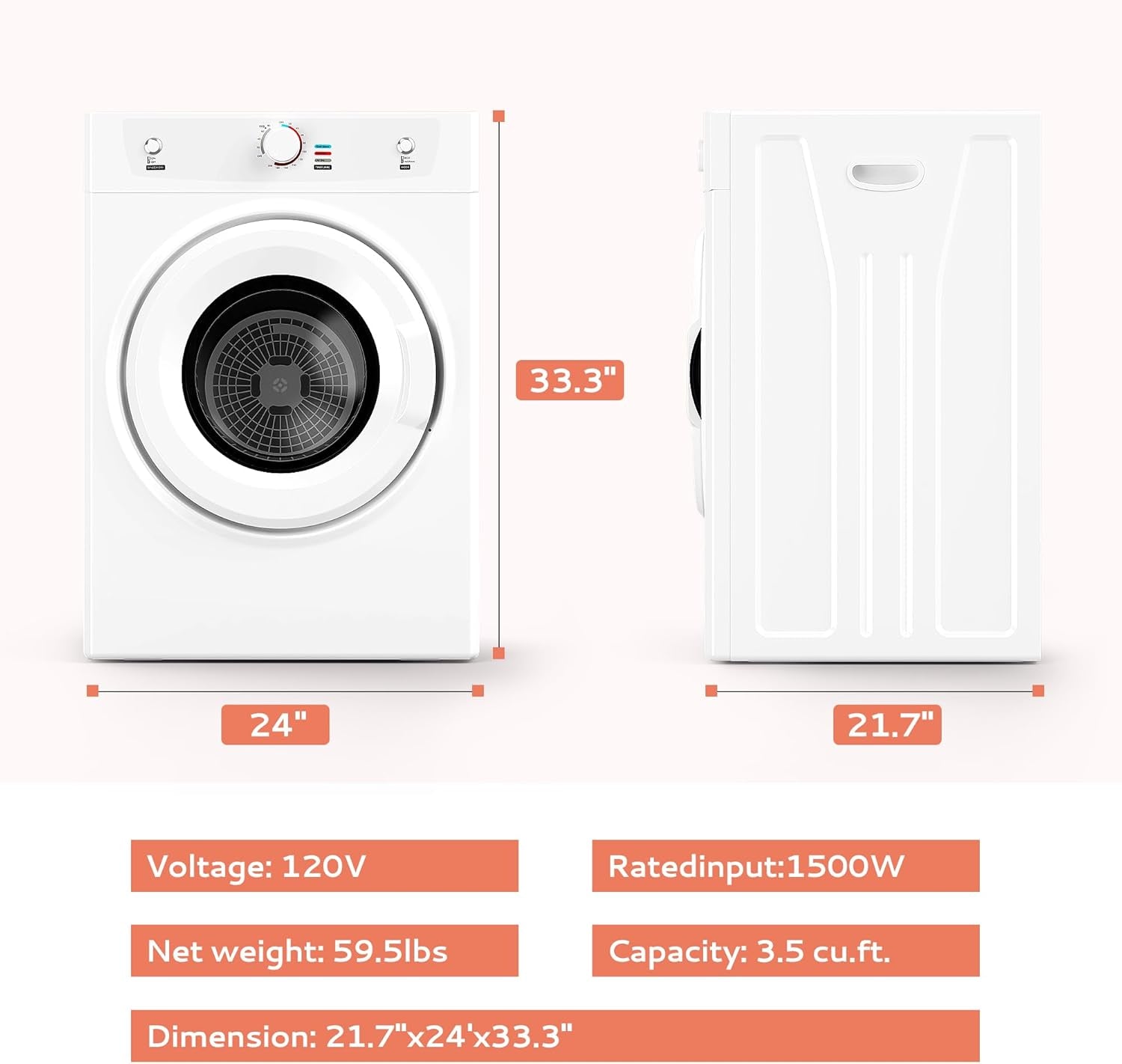 Dryer, 3.5 Cu. Ft. 1500W Clothes Dryer, Stainless Steel Tumble Dryer with Exhaust Hose for Home, Apartment, Dorm, White