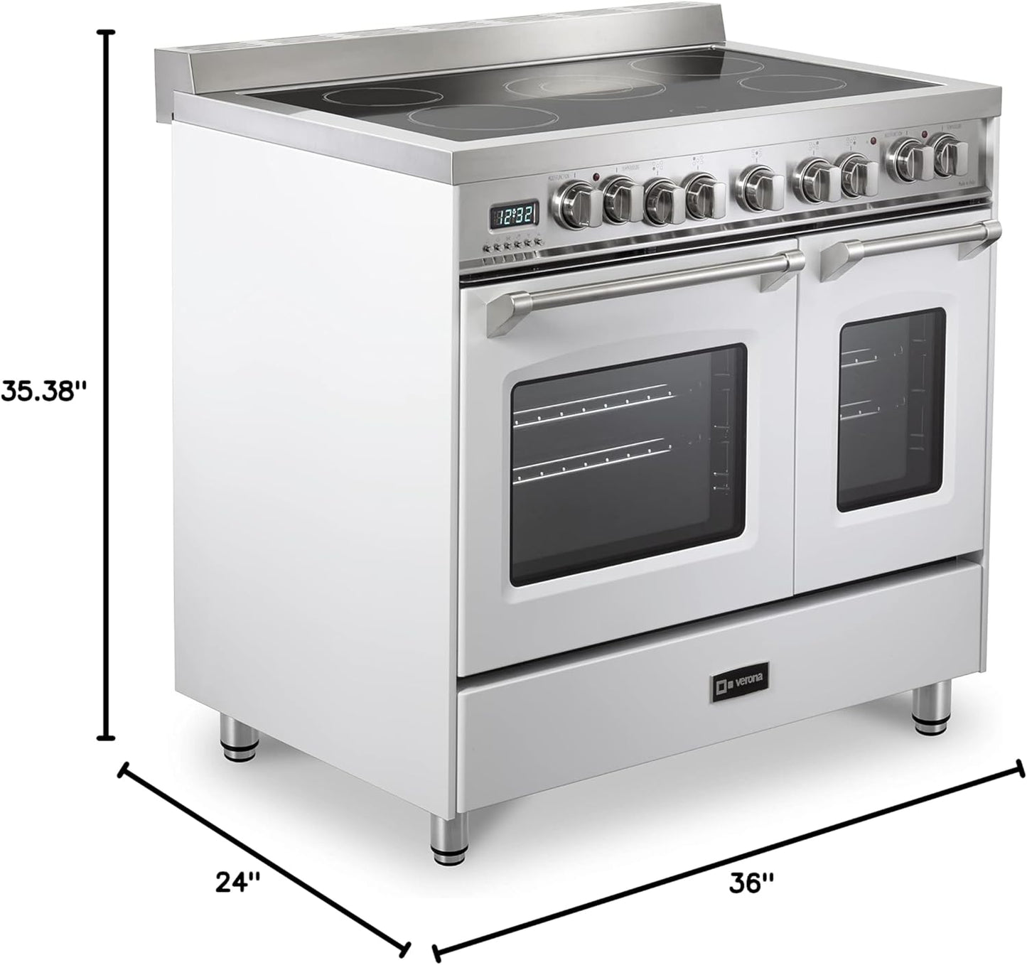 Prestige Series VPFSEE365DW 36 Inch All Electric Freestanding Range Double Oven Convection, 5 Burners Dual Center Element Chrome Knobs and Handle True White