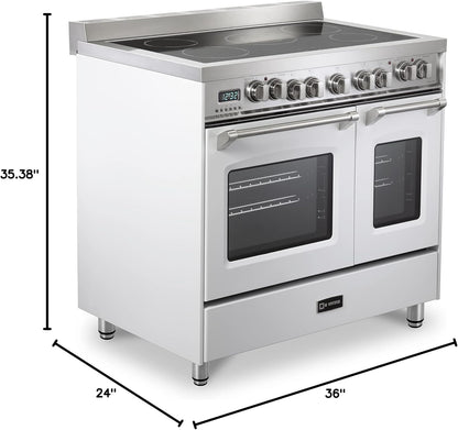 Prestige Series VPFSEE365DW 36 Inch All Electric Freestanding Range Double Oven Convection, 5 Burners Dual Center Element Chrome Knobs and Handle True White