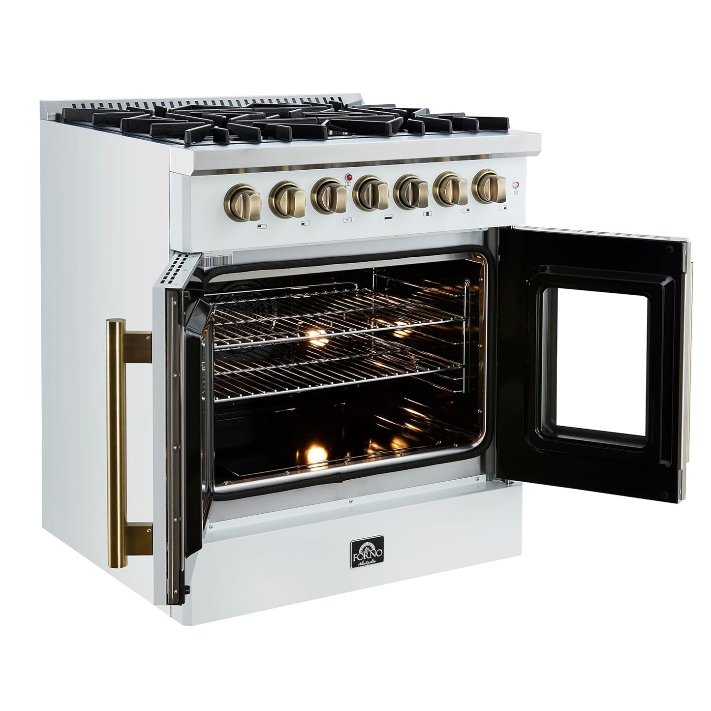 Galiano 30" French Door Dual Fuel Range, White & Antique Brass, 4.32 Cu.Ft. True Convection Oven