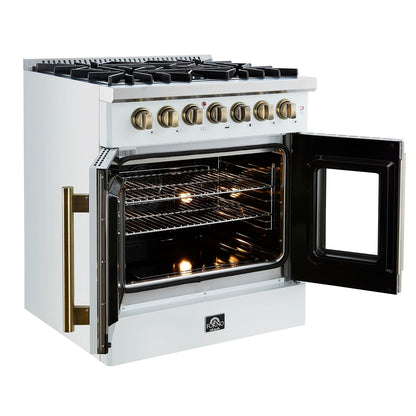 Galiano 30" French Door Dual Fuel Range, White & Antique Brass, 4.32 Cu.Ft. True Convection Oven