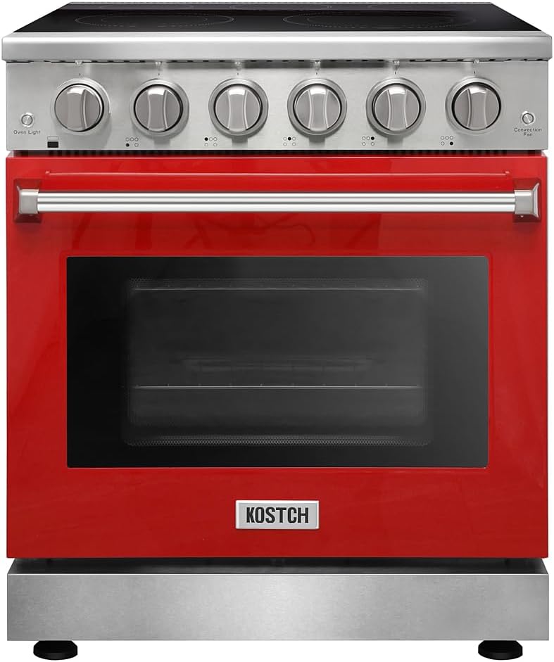 30 Inch Professional Electric Range with 5 Heating Elements Cooktop, 4.55 Cu. Ft. Convection Oven Capacity, Smooth Glass Top, in Stainless Steel, KOS-30RE06H (Red)
