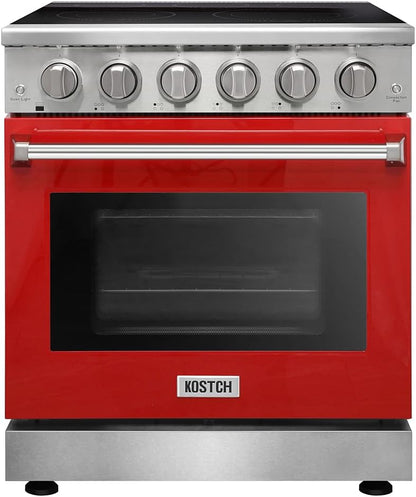 30 Inch Professional Electric Range with 5 Heating Elements Cooktop, 4.55 Cu. Ft. Convection Oven Capacity, Smooth Glass Top, in Stainless Steel, KOS-30RE06H (Red)