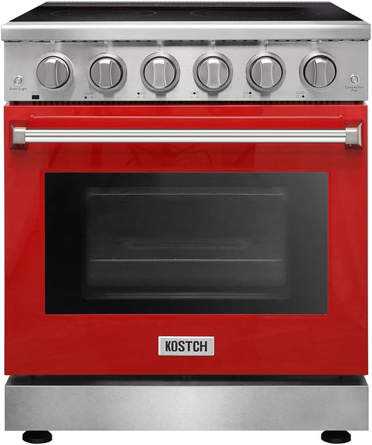 30 Inch Professional Electric Range with 5 Heating Elements Cooktop, 4.55 Cu. Ft. Convection Oven Capacity, Smooth Glass Top, in Stainless Steel, KOS-30RE06H (Red)