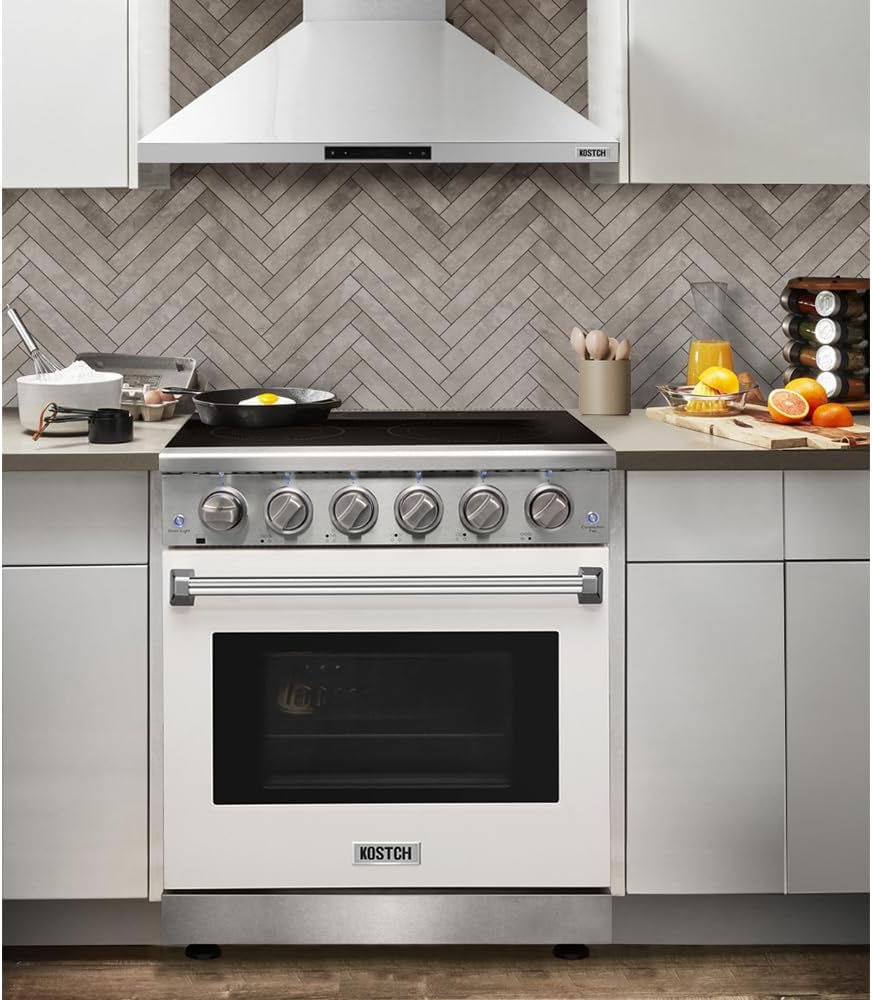 30 Inch Professional Electric Range with 5 Heating Elements Cooktop, 4.55 Cu. Ft. Convection Oven Capacity, Smooth Glass Top, in Stainless Steel, KOS-30RE06H (White)