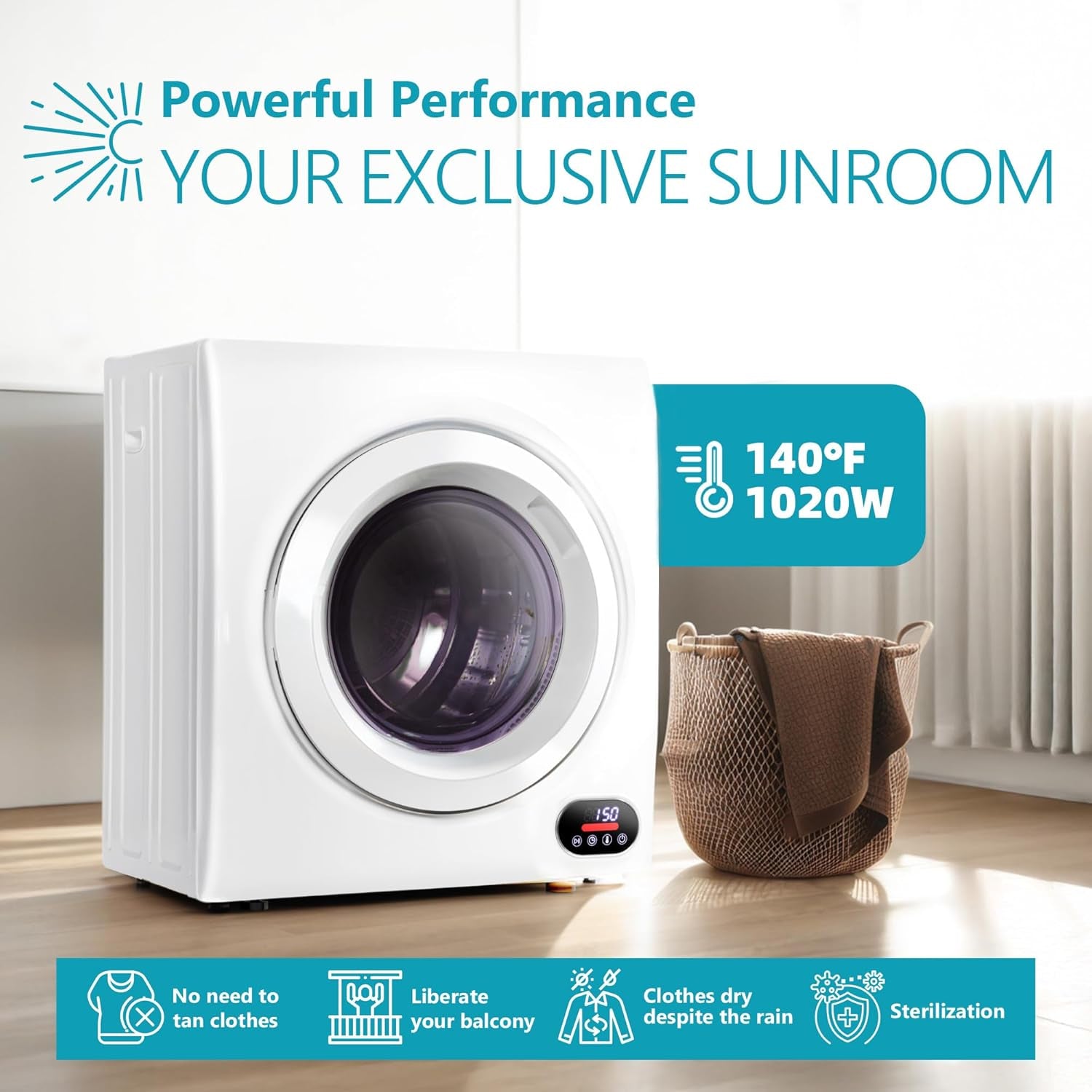 Compact Laundry Dryer, 3.5 Cu Ft Front Load Stainless Steel Clothes Dryers with Exhaust Pipe, 1500W, LCD Control Panel Four-Function Portable Dryer for Apartments, Home, Dorm, White