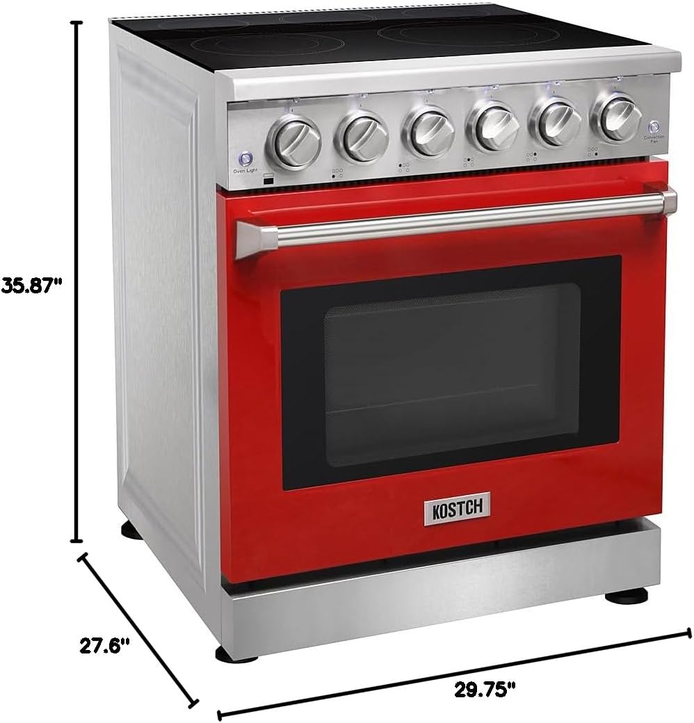 30 Inch Professional Electric Range with 5 Heating Elements Cooktop, 4.55 Cu. Ft. Convection Oven Capacity, Smooth Glass Top, in Stainless Steel, KOS-30RE06H (Red)