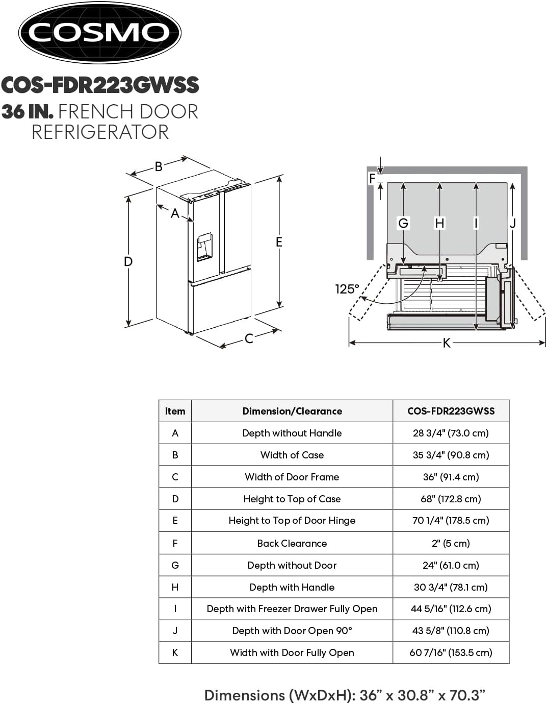  36 In. 3 French Door Refrigerator with Water Dispenser and Automatic Ice Maker in Stainless Steel, Counter Depth