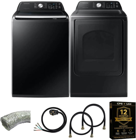 Smart 4.7 Cu Ft Top Load Washer & 7.4 Cu Ft Electric Dryer, Sensor Stops Overdrying, Low Vibration Quiet Wash, Waterjet W/Power Cords, Hoses, Vent Duct, 1 Year CPS Protection Bundle (Black)