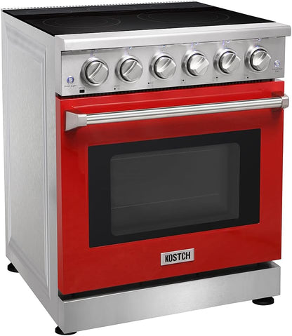 30 Inch Professional Electric Range with 5 Heating Elements Cooktop, 4.55 Cu. Ft. Convection Oven Capacity, Smooth Glass Top, in Stainless Steel, KOS-30RE06H (Red)
