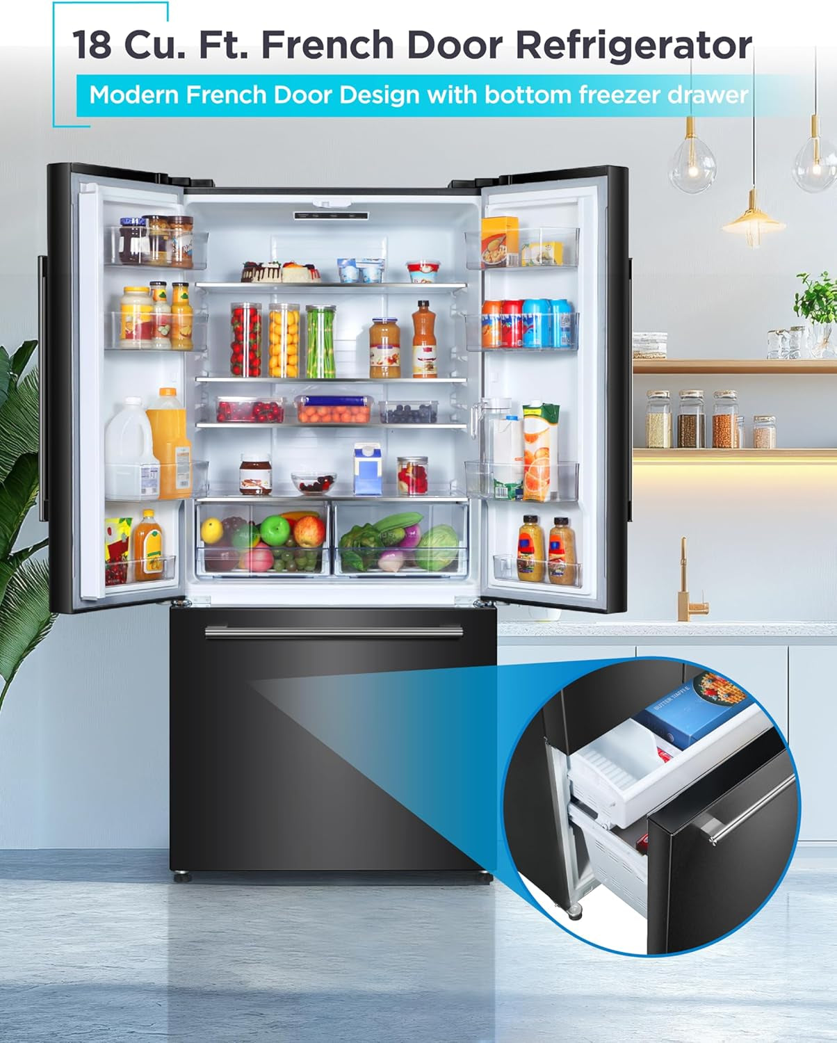 18 Cu. Ft. French Door Refrigerator with Built-In Ice Maker, Full Size Refrigerator with Bottom Mount Freezer Drawer, Frost Free, ENERGY STAR Certified, BRF1800GIMB, Black