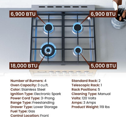 RRG241TS 24" Gas Range, 4 Sealed Burners, 3.0 Cu. Ft. Capacity, Freestanding Slide-In Convection Oven, Easy Reach Racks, Soft Close Door, Clock and Timer, Stainless Steel
